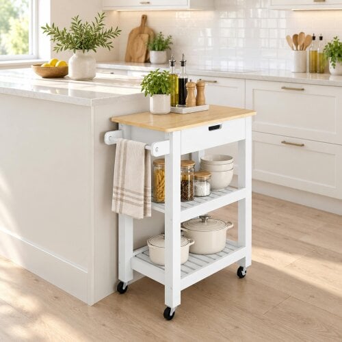 HOMCOM Kitchen Trolley Utility Cart on Wheels with Rubberwood Worktop White