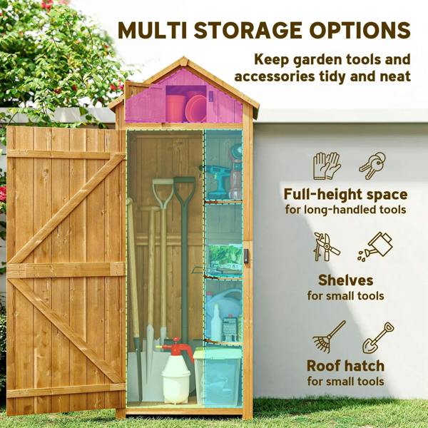 Brown wooden multi-compartment garden tool storage shed with full-height interior