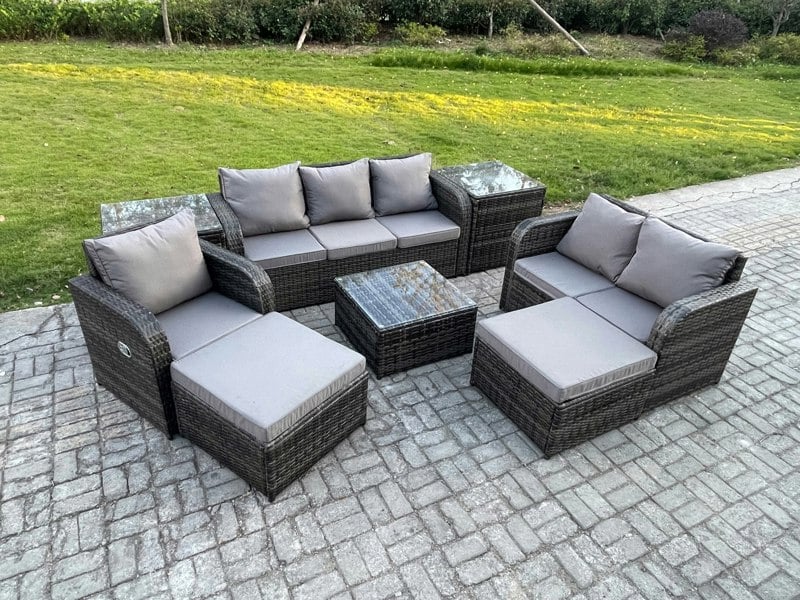 Fimous Indoor Outdoor Rattan Garden Furniture 8 Seater Set Table Sofa Chair Patio Conservatory with Grey Cushions 2 Side Tables 2 Big Footstool