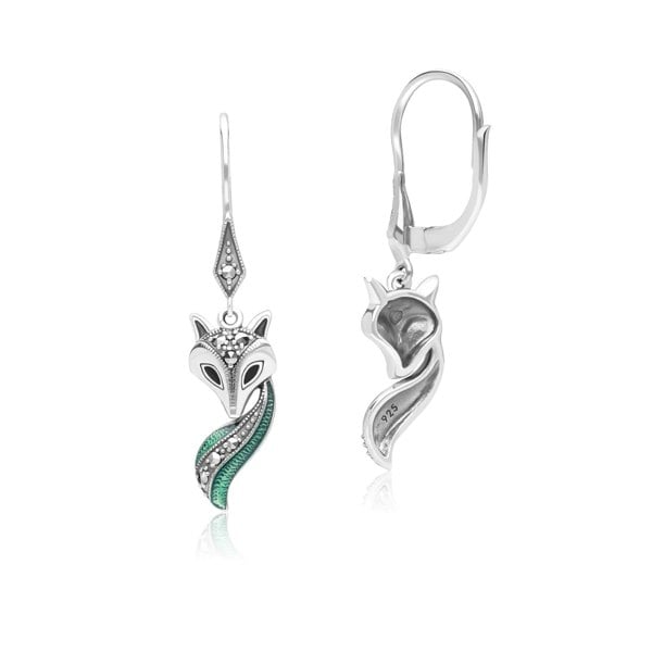 Art Nouveau Style Marcasite, Green and Black Enamel Fox Drop Earrings in Sterling Silver 214E935901925 Side