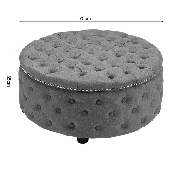 Dia 75cm Linen Tufted Round Cocktail Ottoman with Solid Wood Footstools Living and Home
