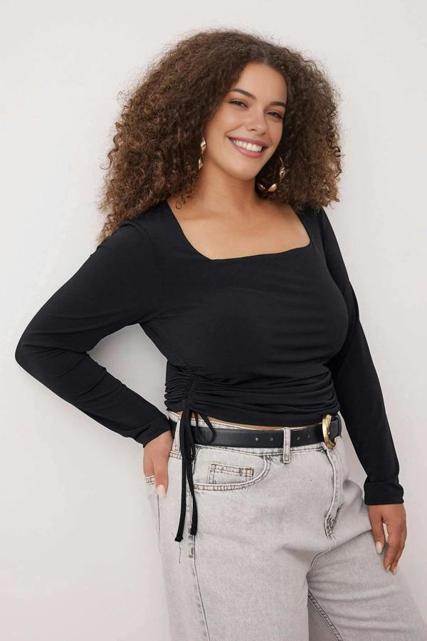 WOVCOR Square Neck Plus Size Knitted Blouse with Gathered Sides
