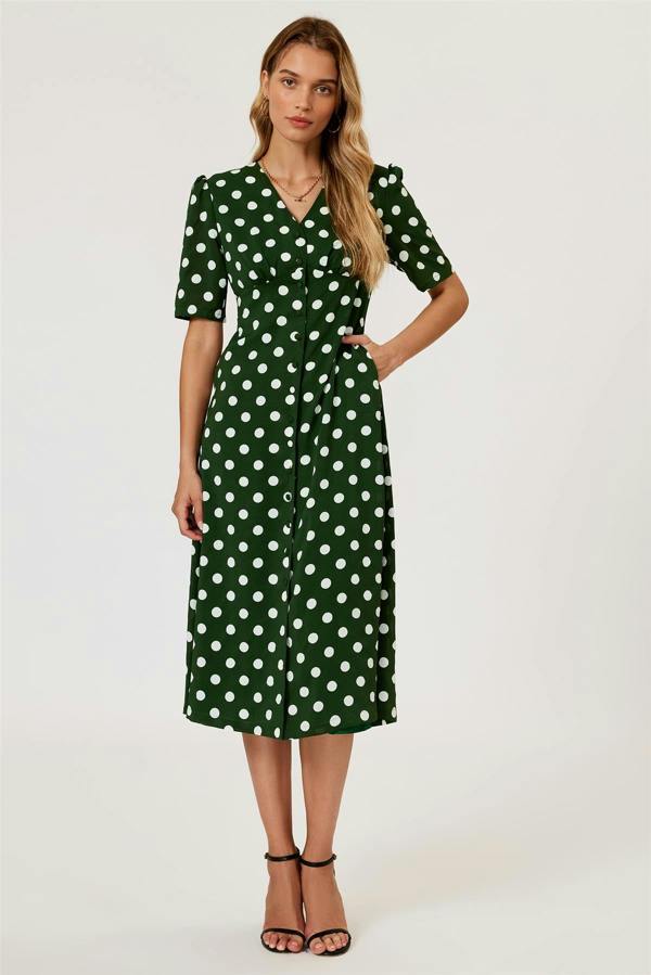 FS Collection Polka Dot Print Button Front Midi Dress In Green