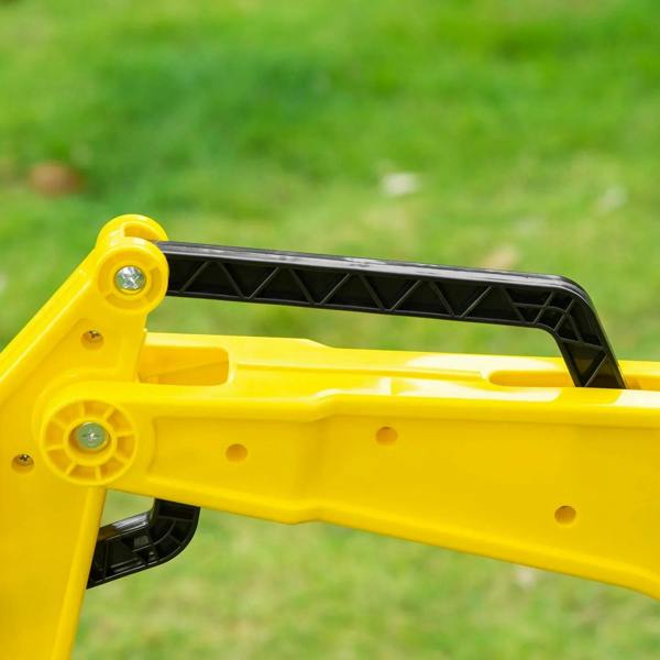 Yellow ride-on digger front bucket arm with black grille detail