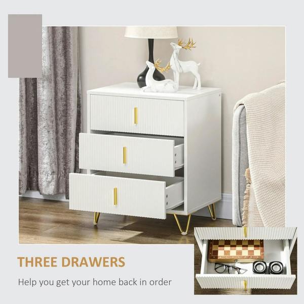 White three-drawer chest with gold handles and open drawers; ribbed fronts