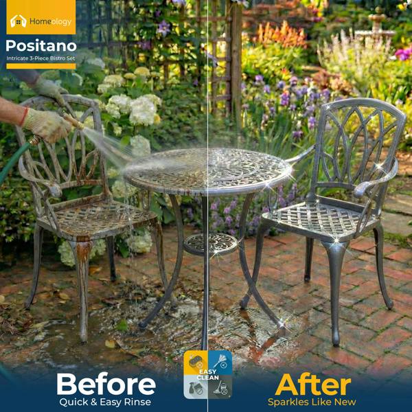 Homeology POSITANO Luxurious Garden and Patio Table and 2 Large Chairs with Armrests Cast Aluminium Bistro Set - Grey
