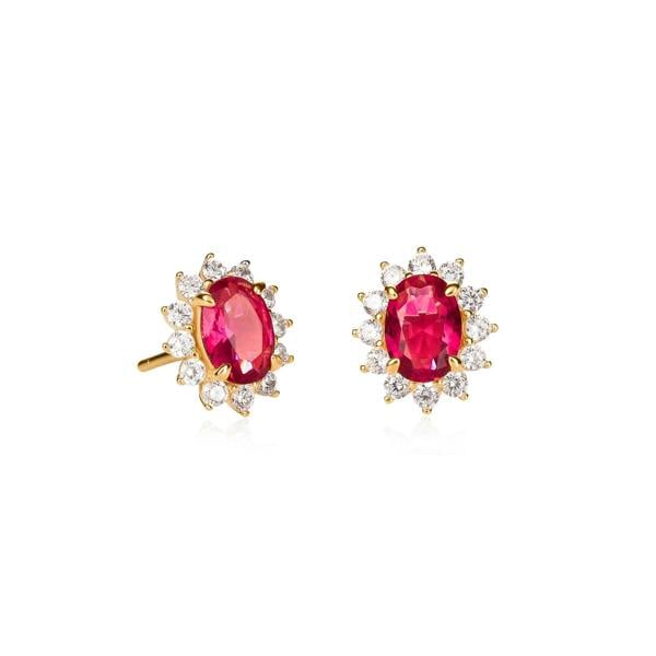 namana Gold Plated Sterling Silver Red Cubic Zirconia Oval Halo Stud Earrings