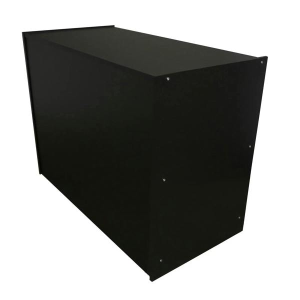 Sleek black A1200 retail shop counter with a smooth finish, sturdy construction, and minimalist design, perfect for modern retail spaces