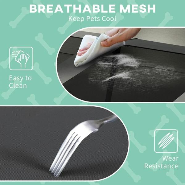 Breathable mesh dog bed with arched light grey canopy frame and open base