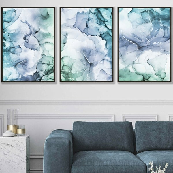 Artze Wall Art Set of 3 Abstract Floral Fluid in Blue Green and Purple Framed Wall Art