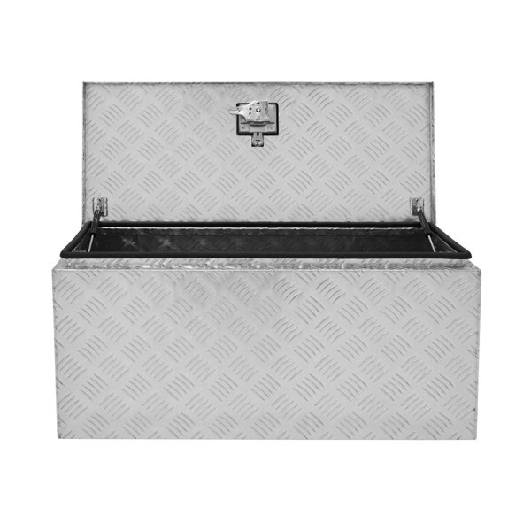 Extra large 102L aluminum tool box with a diamond plate texture, featuring a sturdy lid and a secure latch for easy access