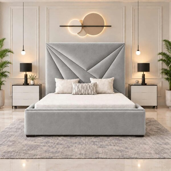 Paradise Beds Arvella Luxury Upholstered Bed Frame with tall Headboard - Solid Wood - Silver