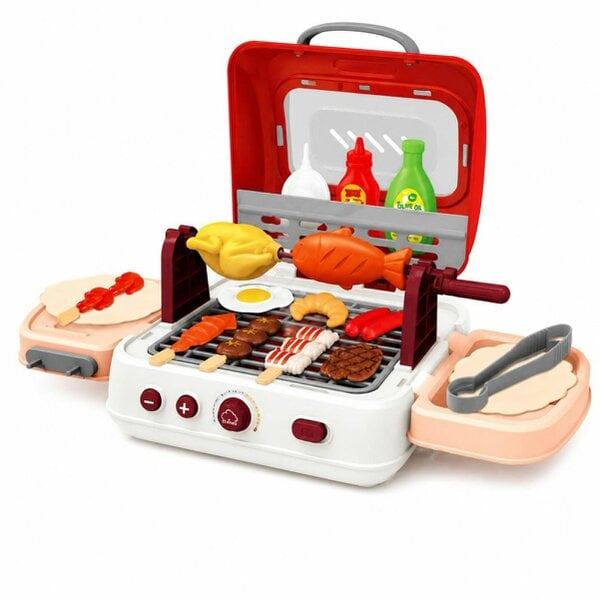 deAO Toys Kids BBQ Grill Playset – 28PCS Pretend Cooking Set with Lights, Sound & Safe Smoke Effect  Ages 3+, Red