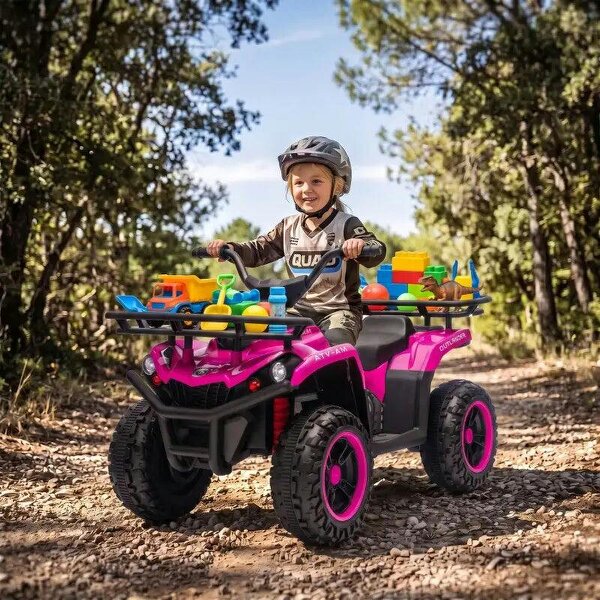 12V Kids Electric Quad Bike, Ride on ATV with Dual Motors, Soft Start, Storage, Music, Lights for 3-8 Years, Pink - Pink