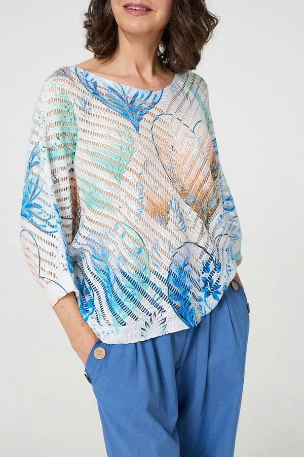 Blue | Heart Print Open Knit 3/4 Sleeve Top
