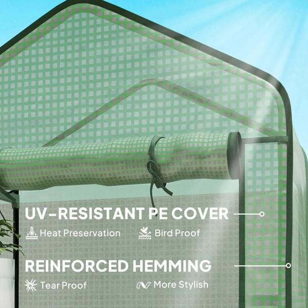 Green reinforced PE cover close-up with rolled top bar and metal greenhouse frame.