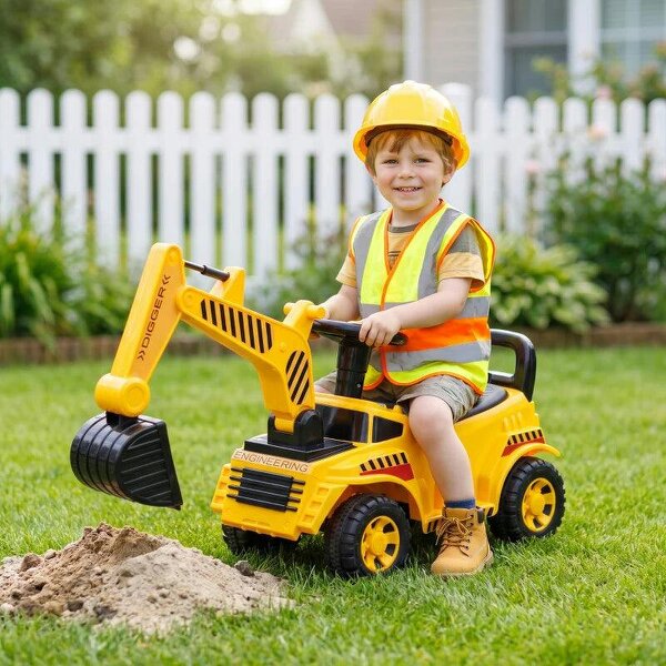 Kids Ride on Digger, Toddler Construction Toy Car with Security Helmet, Horn, Detachable Digging Arm