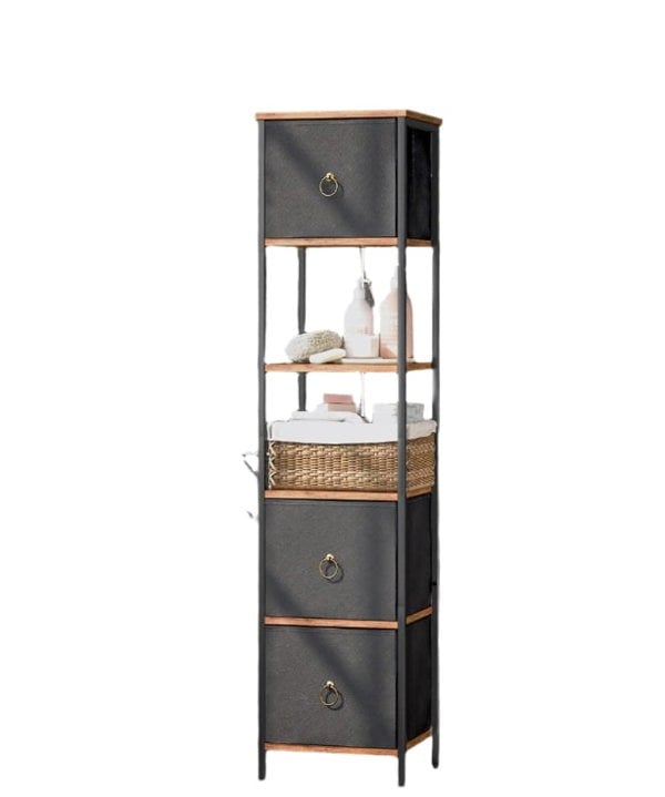 Modcraft Tall Narrow Corner Storage Cabinet – 3 Fabric Drawers & 2 Open Shelves, Slim Bathroom Unit