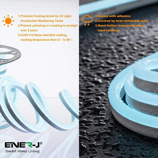 ENER-J 3M Smart WiFi RGB LED Neon Strip Light, IP65 Flexible Colour-Changing, Alexa/Google Control, 12V 30W, Memory Function