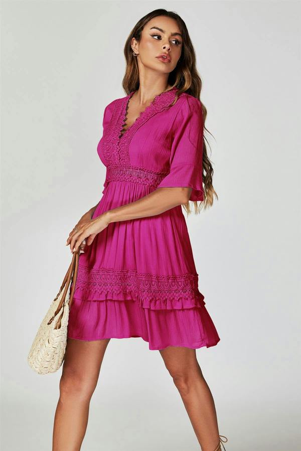 FS Collection V Neck Lace Mini Dress In Fuchsia