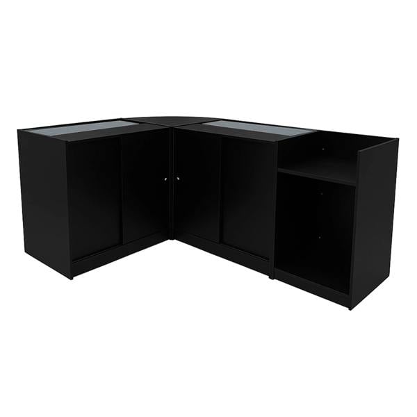 Vega LED Shop Counter Set in sleek black, featuring a modern corner design with glass display tops and ample storage space