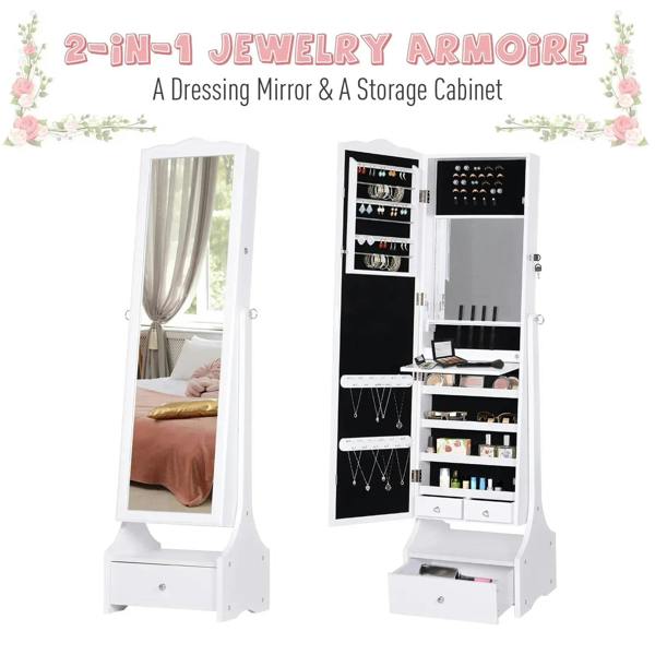 White 2-in-1 jewelry cabinet with dressing mirror and open storage organizer