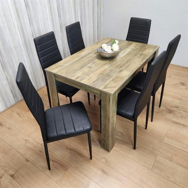Kosy Koala Dining Table and 6 Black Metal Leather Chairs Rustic Effect Wood Dining Room