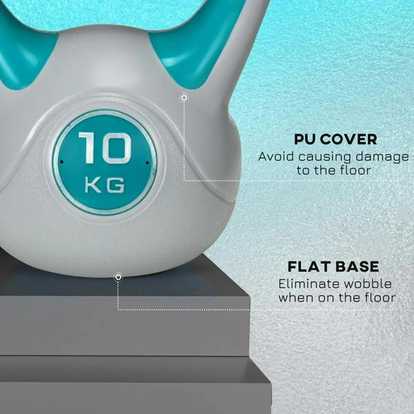 Light blue and grey 10 kg kettlebell with flat base and protective PU cover.