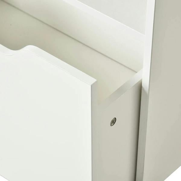 White kids bookshelf organizer with smooth side panel and recessed drawer front