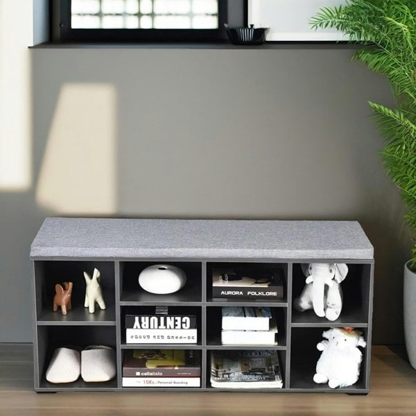 Rafaelo Mobilia Wooden Shoe Storage Bench With Cushioned Seat 104CM Grey