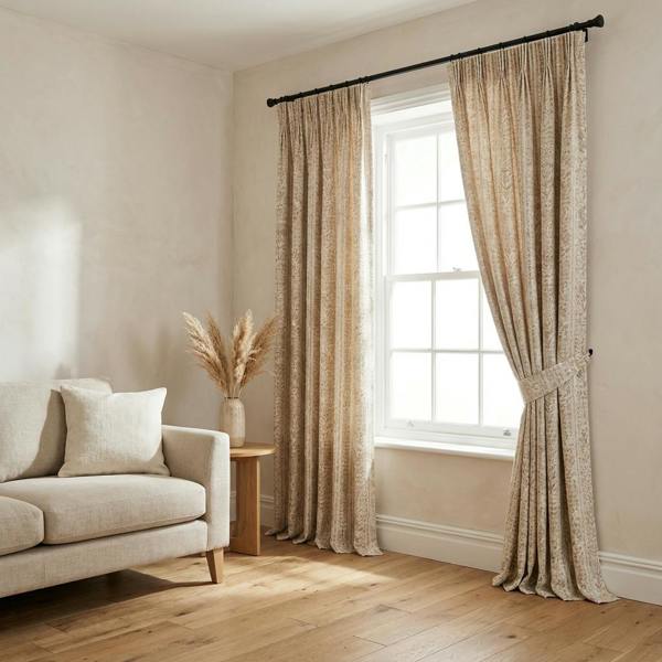 Lille made-to-measure curtains in Biscuit, styled in a living room
