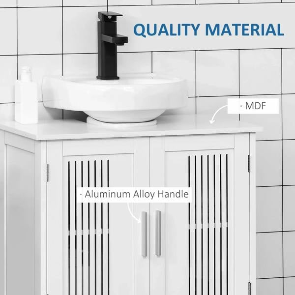 White under sink cabinet with aluminum alloy handles and two slatted doors