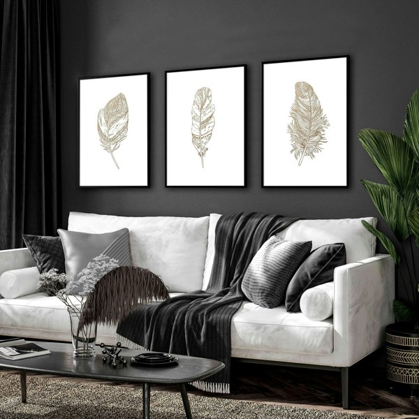 Gold artwork for living room | set of 3 Feathers wall art prints