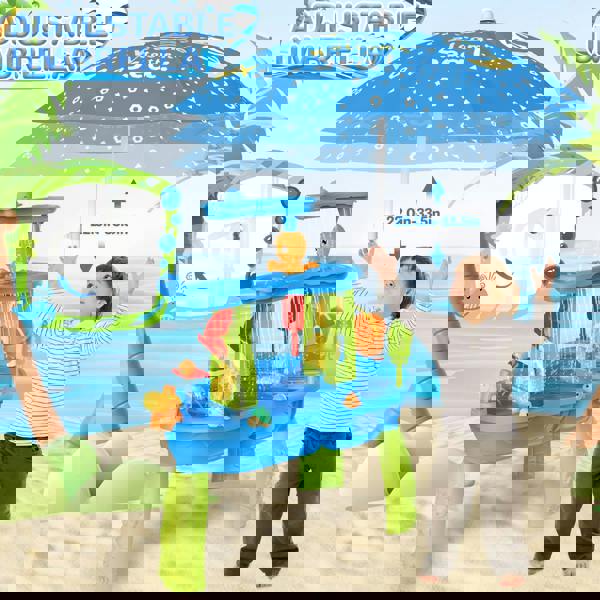 deAO Toys deAO Kids 3-Tier Water and Sand Play Table with Shade Umbrella – Outdoor Activity Set with Water Wheels