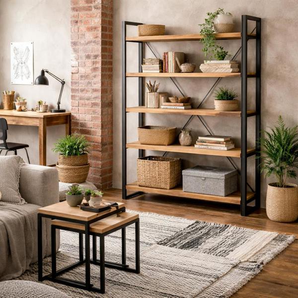 Wyld Haus Toivakka Industrial Reclaimed Wood and Metal Wide Bookcase 5 Shelves
