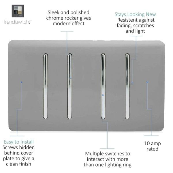 Trendi Switch 4 Gang Intermediate Rocker Light Switch in Light Grey