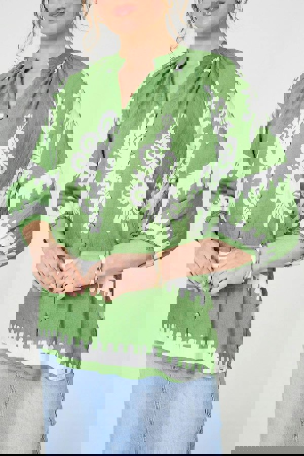 Green | Ikat Print 3/4 Sleeve Relaxed Blouse
