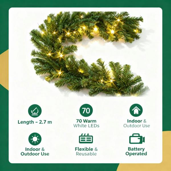 2.7m Pre-Lit Alaskan Christmas Garland with 70 Warm White LEDs, Available as Single or 2 Pack image 4
