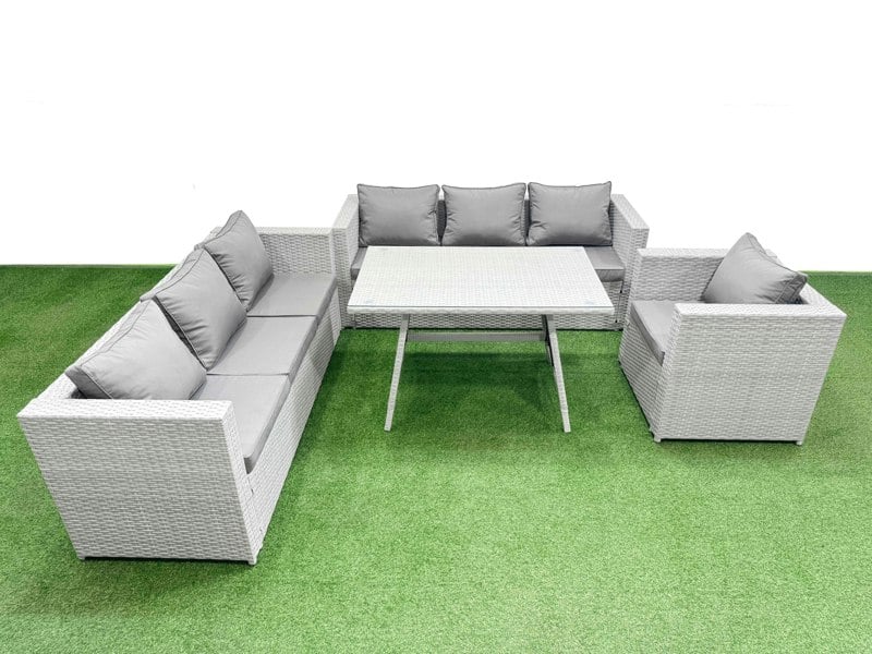 Fimous Outdoor Rattan Garden Furniture Dining Set 7 seater Patio Rectangular Table 3 Seater Sofa Armchair Set