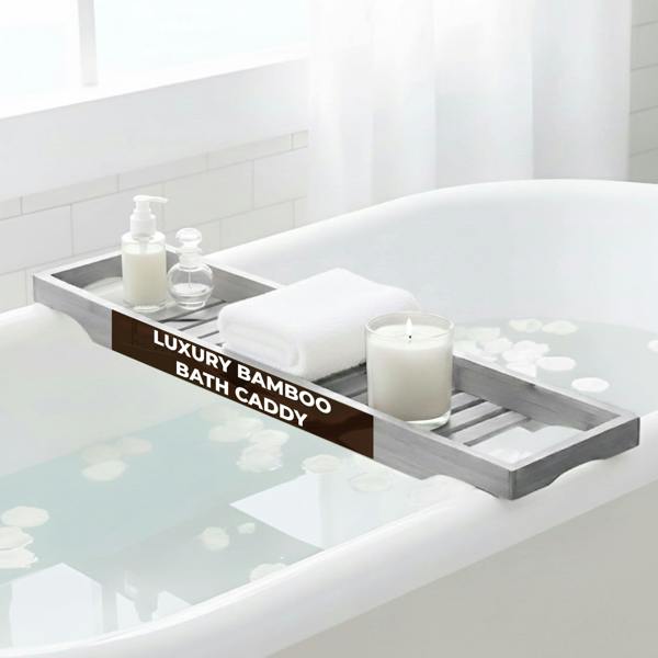 LKH HOME COLLECTION LKH Expandable Bamboo Bath Tray Caddy - Bathtub Rack with Wine Glass Holder, Mobile, Tablet & Book Stand - Retractable & Foldable