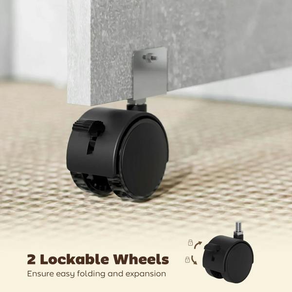 Grey folding table with two lockable caster wheels beneath the side frame
