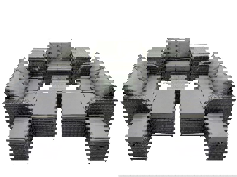 Fimous Rattan Garden Outdoor Furniture Set Love Sofa Square Coffee Table Set with 4 Stools 2 Side Tables Dark Grey Mixed