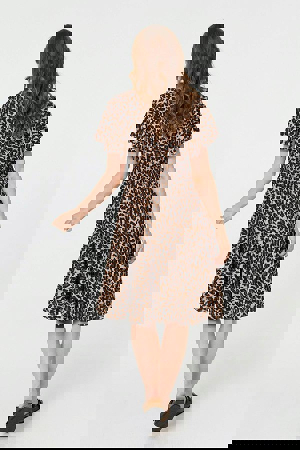 Beige | Animal Print Shirred Knee Length Dress