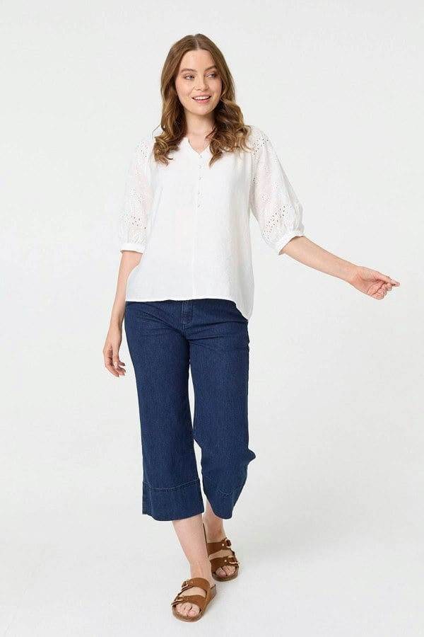 White | Broderie Anglaise 3/4 Puff Sleeve Blouse