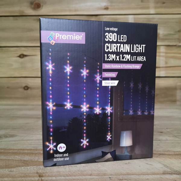 Samuel Alexander 390 LED 1.3m x 1.2m Christmas Snowflake Curtain Lights in Static Rainbow & Twinkling Orange