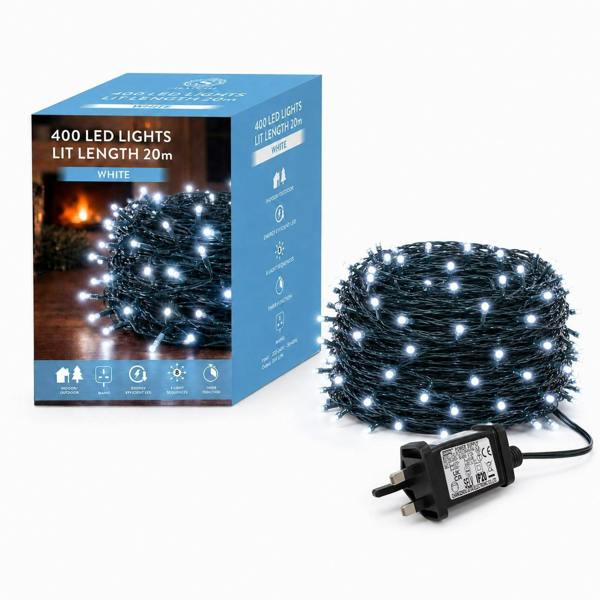 Cool White LED Fairy String Lights with Green Cable, 8 Modes, Memory and Auto Timer image 1