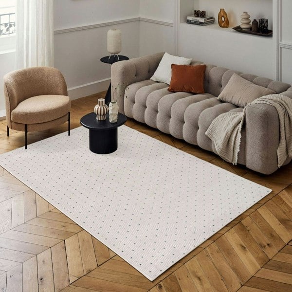 Living Room rug, blue-cream colours, dots, practicality in mind, the rug is anti-allergic.