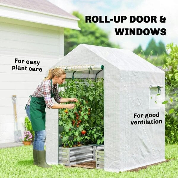 Bobobiy Small Greenhouse with Raised Garden Bed, Galvanised Walk-in Greenhouse with Roll Up Windows, 141 x 141 x 190 cm, White