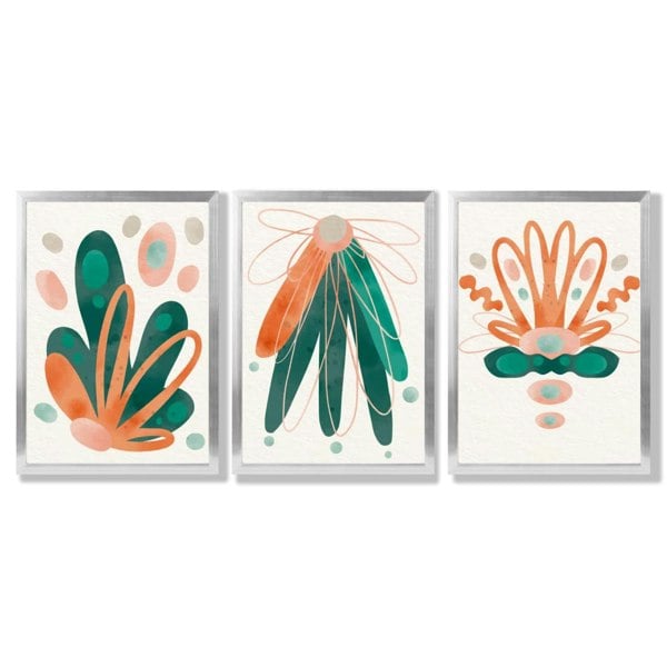 Abstract Green Orange Floral Set of 3 Framed Art Prints with Silver Wood Frames