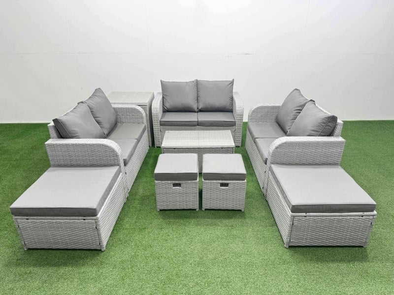 Fimous 9 PCs Rectangular Coffee Table Set Reclining Chair Inclining Sofa Love Sofa 2 Big Footstool 2 Small Stool Side Table Light Grey